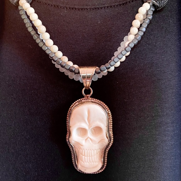 💀 LOYAL MUSE Handcrafted Skull Beaded Necklace. Stormy Jasper & Silver. - Picture 4 of 8